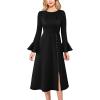 imageVFSHOW Womens Pleated Crew Neck Bell Sleeve Pockets Front Slit Buttons Business Work Office Slim Fit and Flare A Line DressBlack