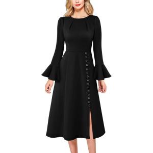 imageVFSHOW Womens Pleated Crew Neck Bell Sleeve Pockets Front Slit Buttons Business Work Office Slim Fit and Flare A Line DressBlack