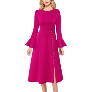 imageVFSHOW Womens Pleated Crew Neck Bell Sleeve Pockets Front Slit Buttons Business Work Office Slim Fit and Flare A Line DressHot Pink