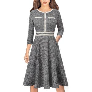 imageVFSHOW Womens Tweed Buttons Pockets Office Business ALine Dresses 34 Sleeves Work Crew Neck Fit and Flare Swing DressBlack Tweed