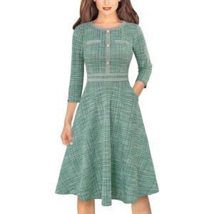 imageVFSHOW Womens Tweed Buttons Pockets Office Business ALine Dresses 34 Sleeves Work Crew Neck Fit and Flare Swing DressGreen Tweed