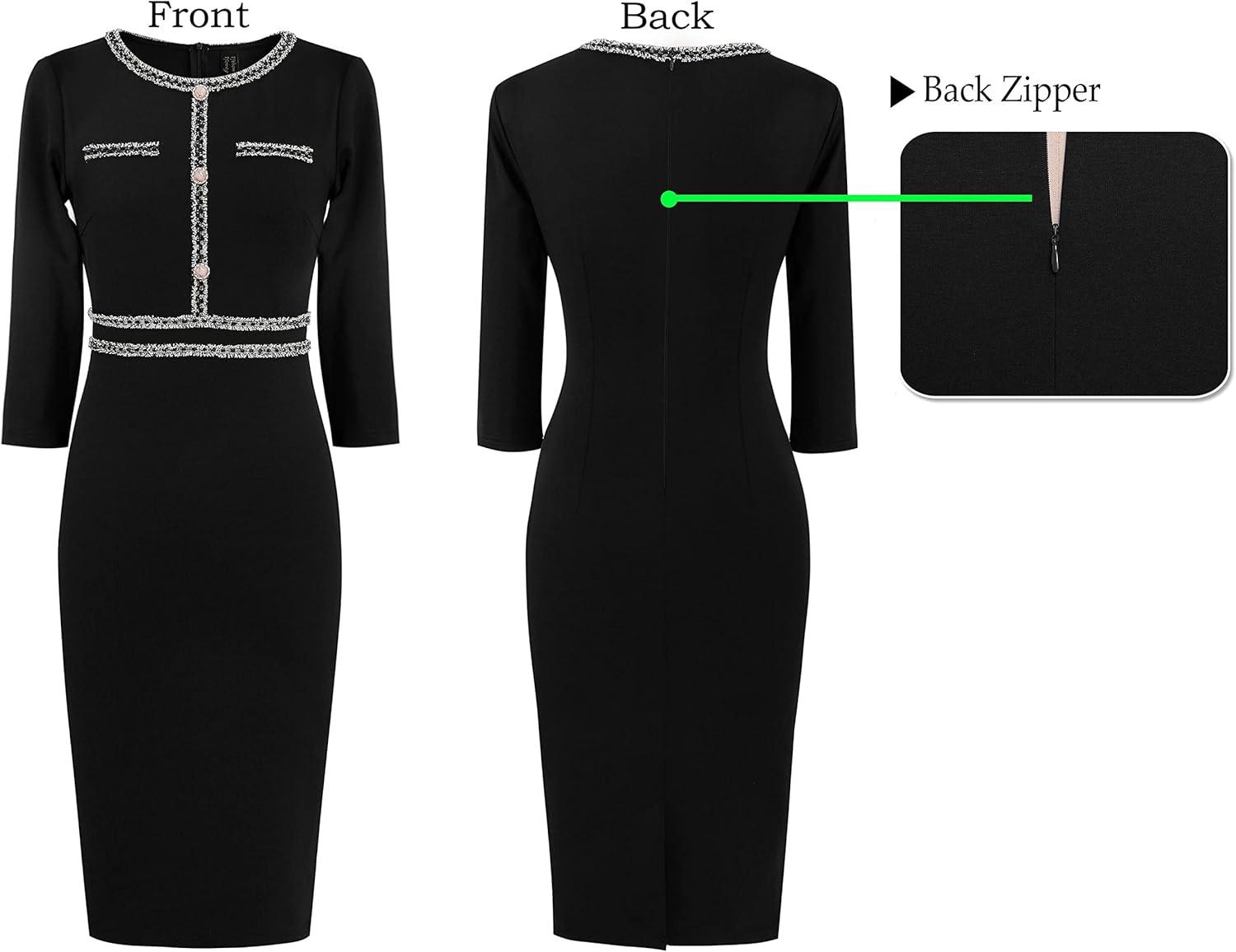 imageVFSHOW Womens Button Crew Neck Wear to Work Office Business Casual Church Party Slimming Fitted Bodycon Pencil Sheath DressBlack