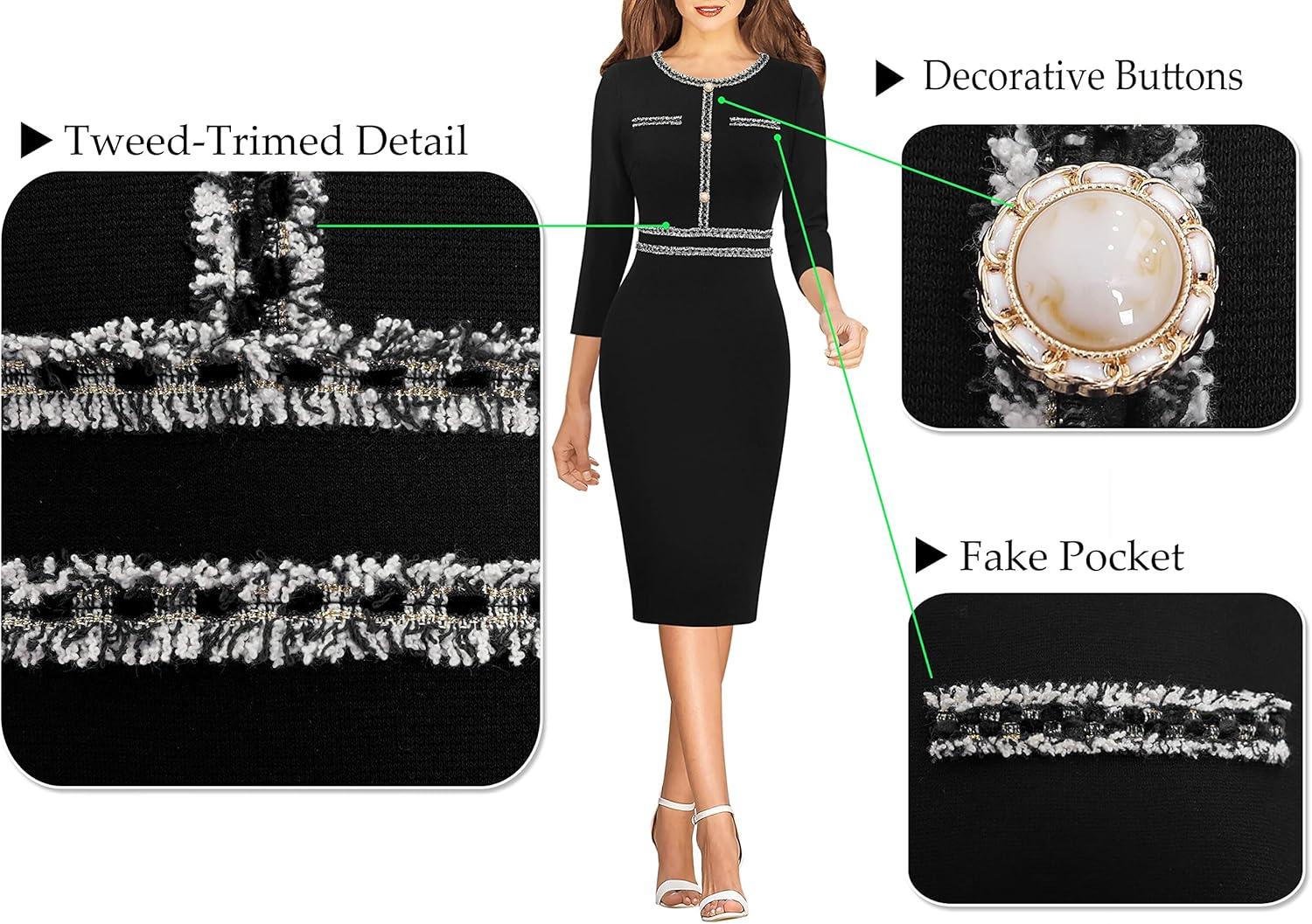 imageVFSHOW Womens Button Crew Neck Wear to Work Office Business Casual Church Party Slimming Fitted Bodycon Pencil Sheath DressBlack