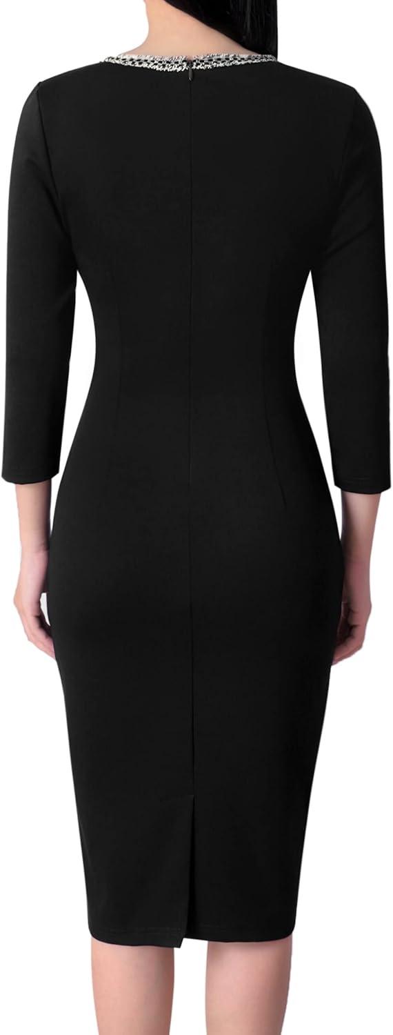 imageVFSHOW Womens Button Crew Neck Wear to Work Office Business Casual Church Party Slimming Fitted Bodycon Pencil Sheath DressBlack