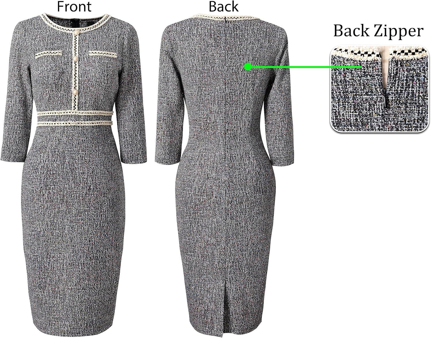 imageVFSHOW Womens Button Crew Neck Wear to Work Office Business Casual Church Party Slimming Fitted Bodycon Pencil Sheath DressBlack Tweed