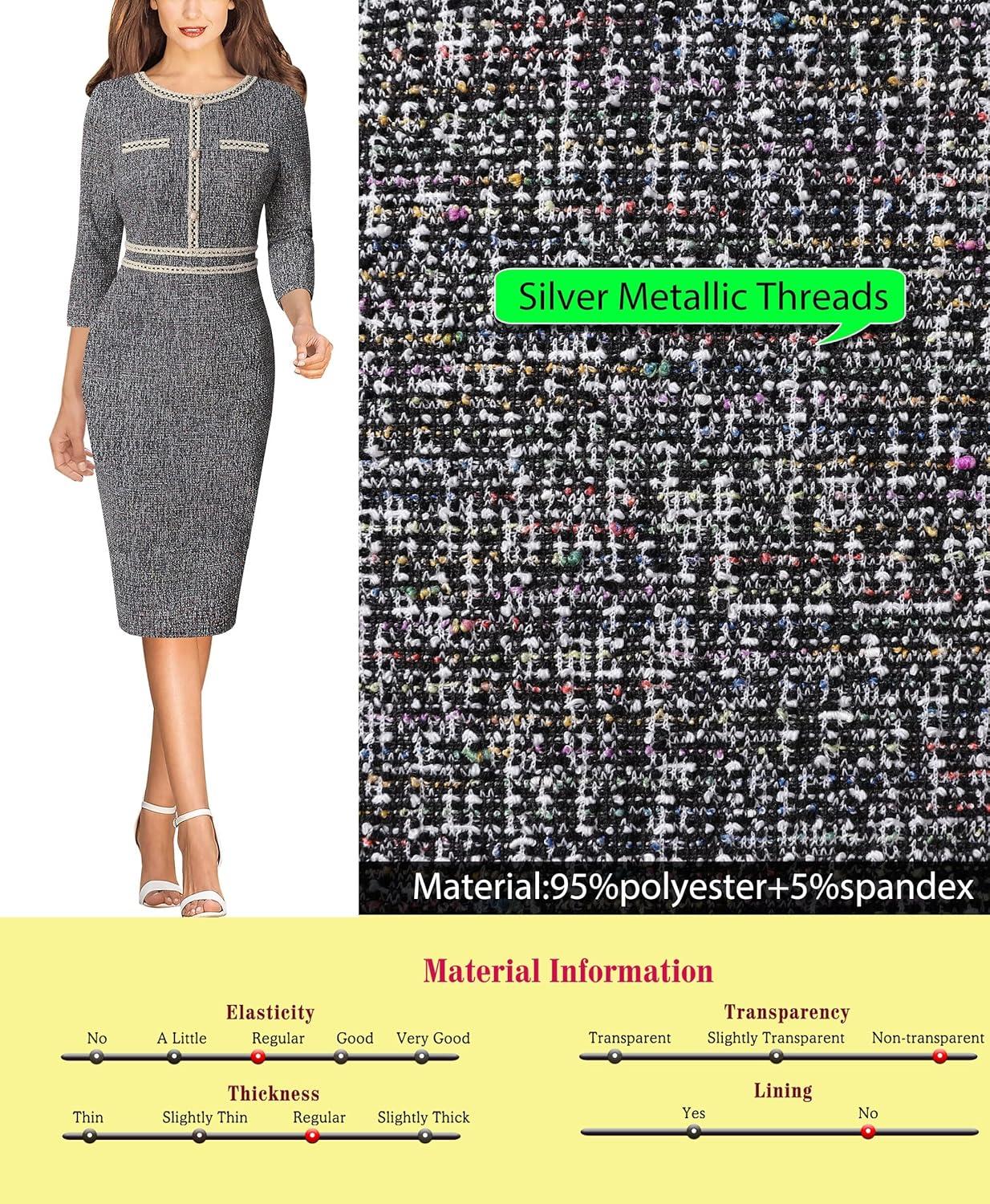 imageVFSHOW Womens Button Crew Neck Wear to Work Office Business Casual Church Party Slimming Fitted Bodycon Pencil Sheath DressBlack Tweed