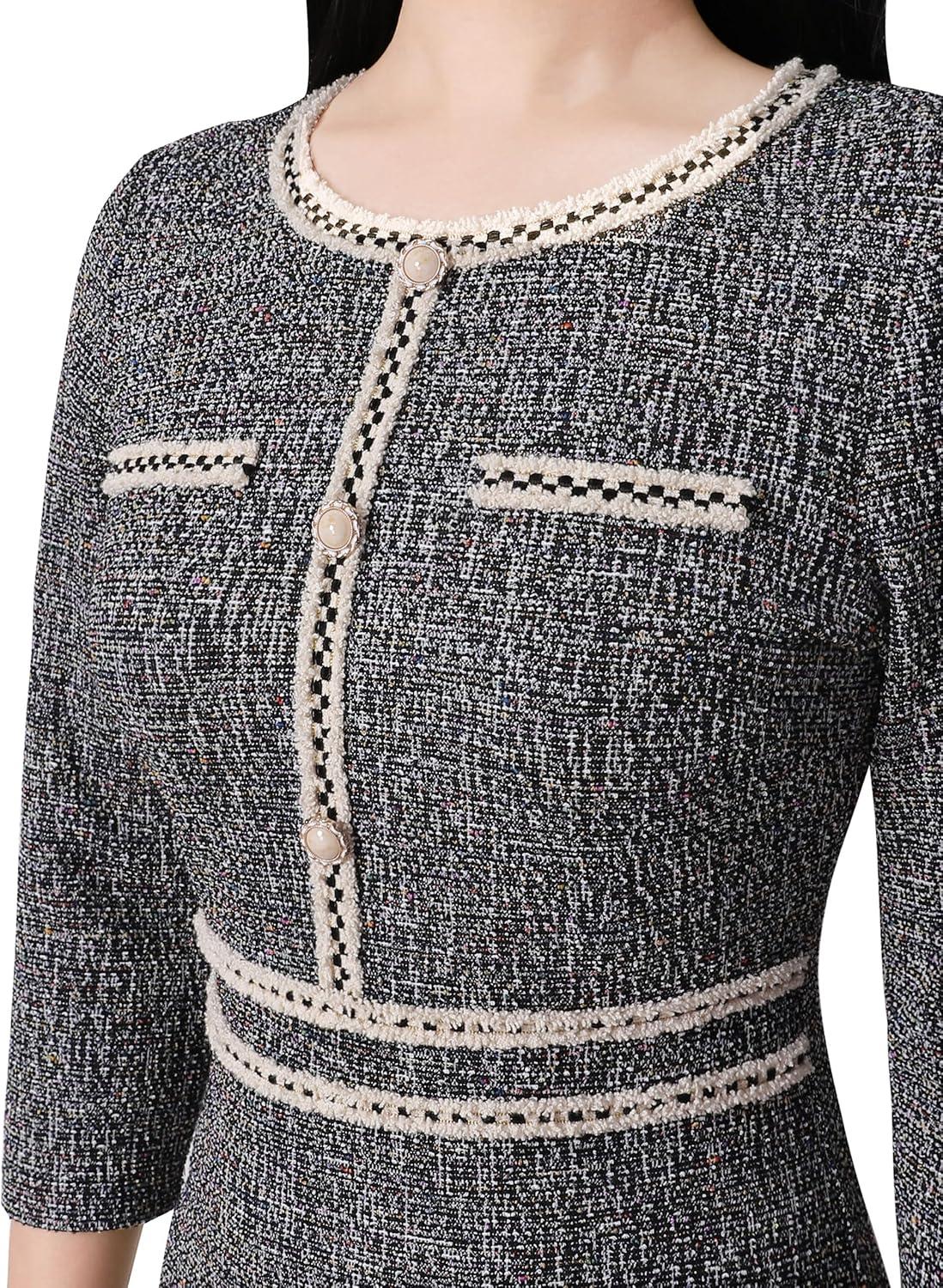 imageVFSHOW Womens Button Crew Neck Wear to Work Office Business Casual Church Party Slimming Fitted Bodycon Pencil Sheath DressBlack Tweed