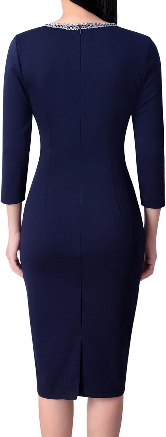 imageVFSHOW Womens Button Crew Neck Wear to Work Office Business Casual Church Party Slimming Fitted Bodycon Pencil Sheath DressBlue