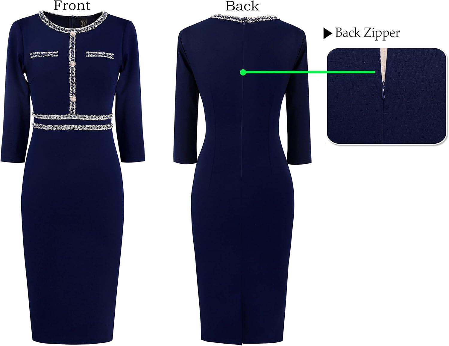 imageVFSHOW Womens Button Crew Neck Wear to Work Office Business Casual Church Party Slimming Fitted Bodycon Pencil Sheath DressBlue