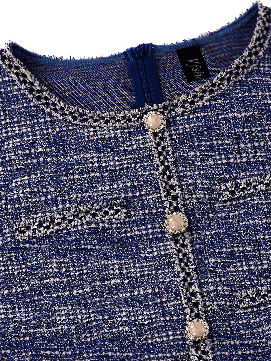 imageVFSHOW Womens Button Crew Neck Wear to Work Office Business Casual Church Party Slimming Fitted Bodycon Pencil Sheath DressBlue Tweed