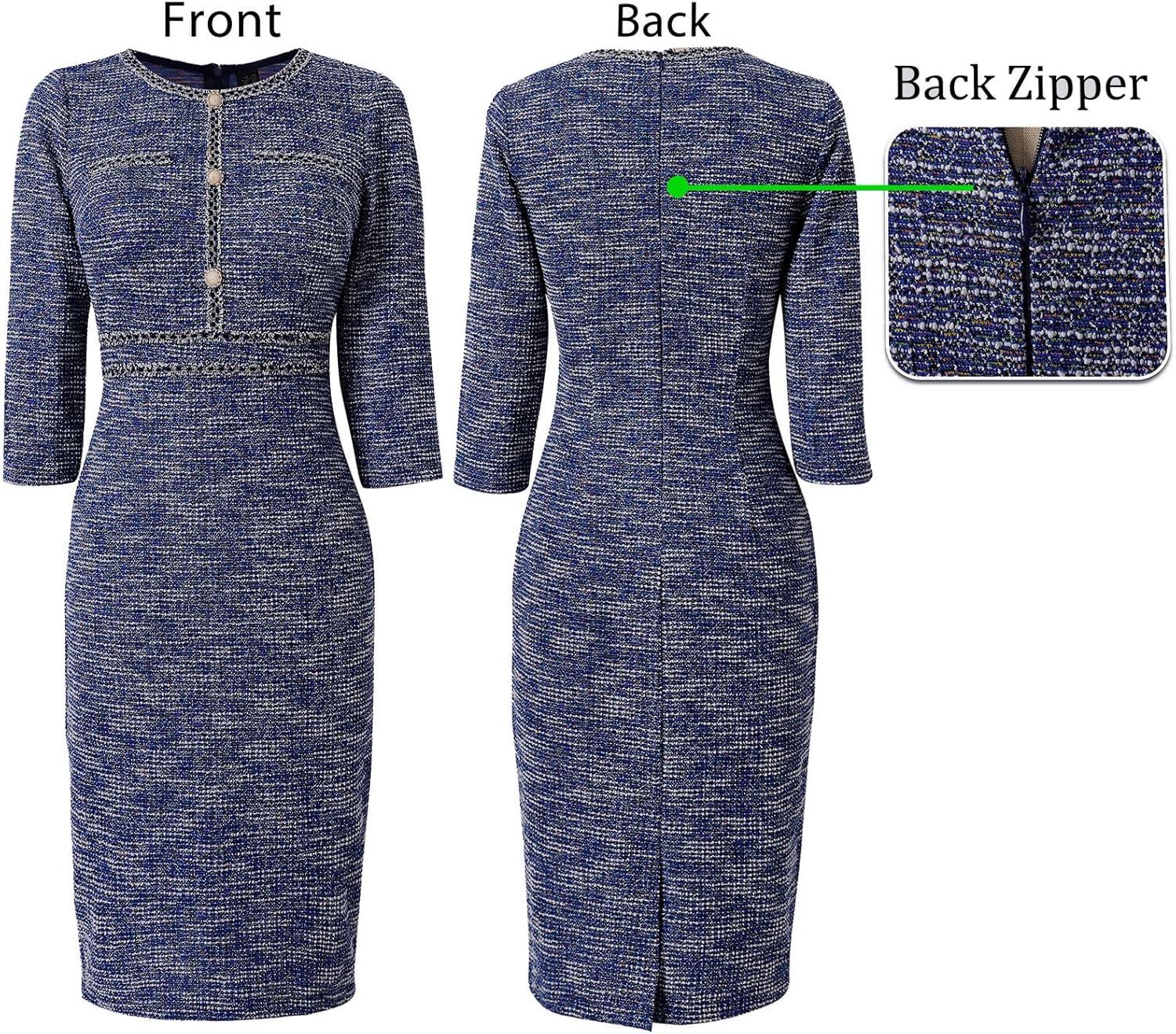 imageVFSHOW Womens Button Crew Neck Wear to Work Office Business Casual Church Party Slimming Fitted Bodycon Pencil Sheath DressBlue Tweed