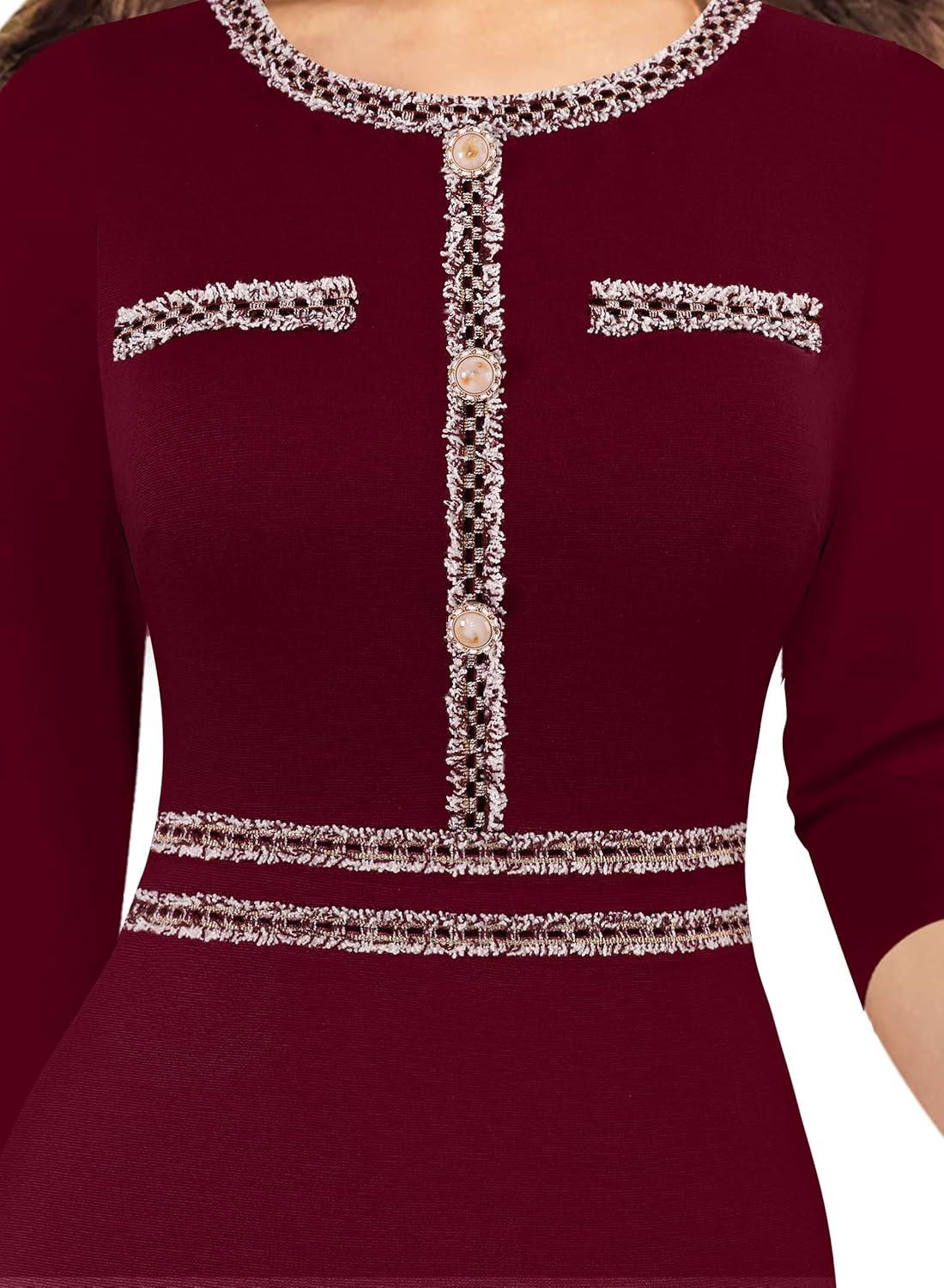 imageVFSHOW Womens Button Crew Neck Wear to Work Office Business Casual Church Party Slimming Fitted Bodycon Pencil Sheath DressDark Red