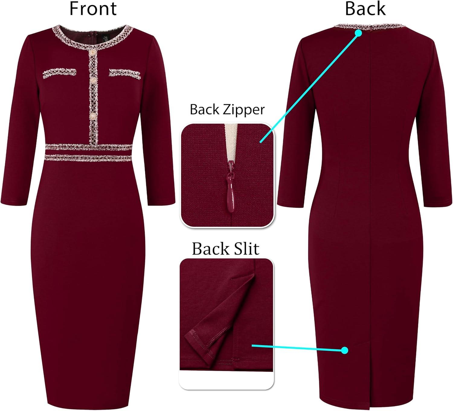 imageVFSHOW Womens Button Crew Neck Wear to Work Office Business Casual Church Party Slimming Fitted Bodycon Pencil Sheath DressDark Red