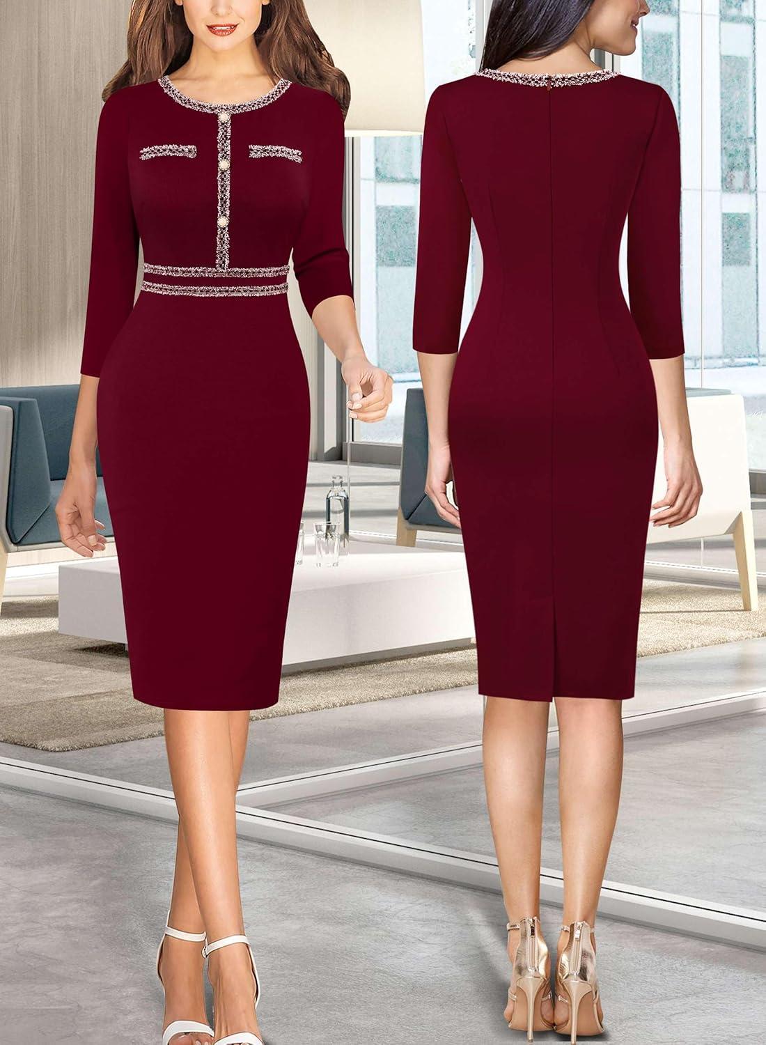 imageVFSHOW Womens Button Crew Neck Wear to Work Office Business Casual Church Party Slimming Fitted Bodycon Pencil Sheath DressDark Red