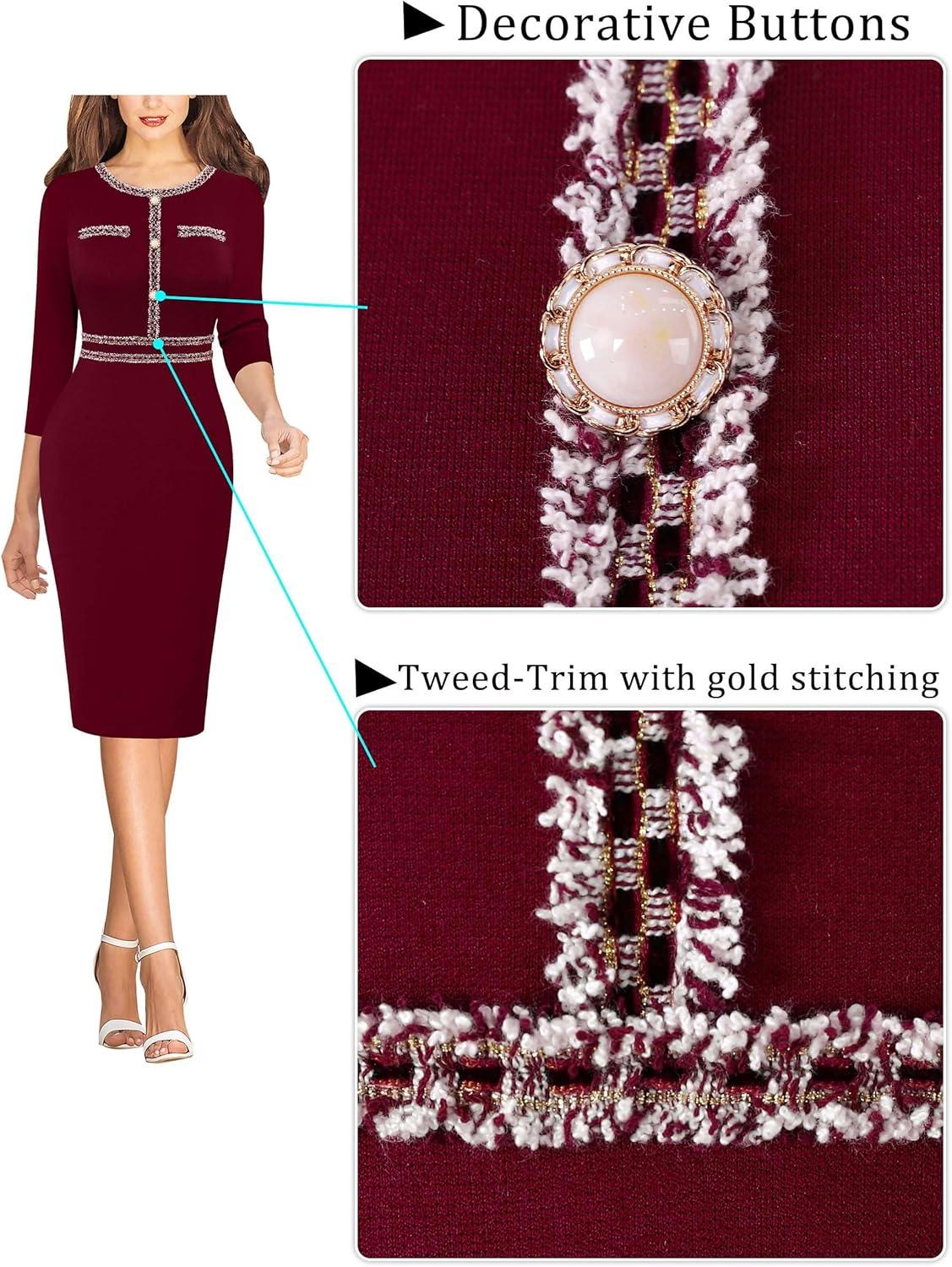 imageVFSHOW Womens Button Crew Neck Wear to Work Office Business Casual Church Party Slimming Fitted Bodycon Pencil Sheath DressDark Red