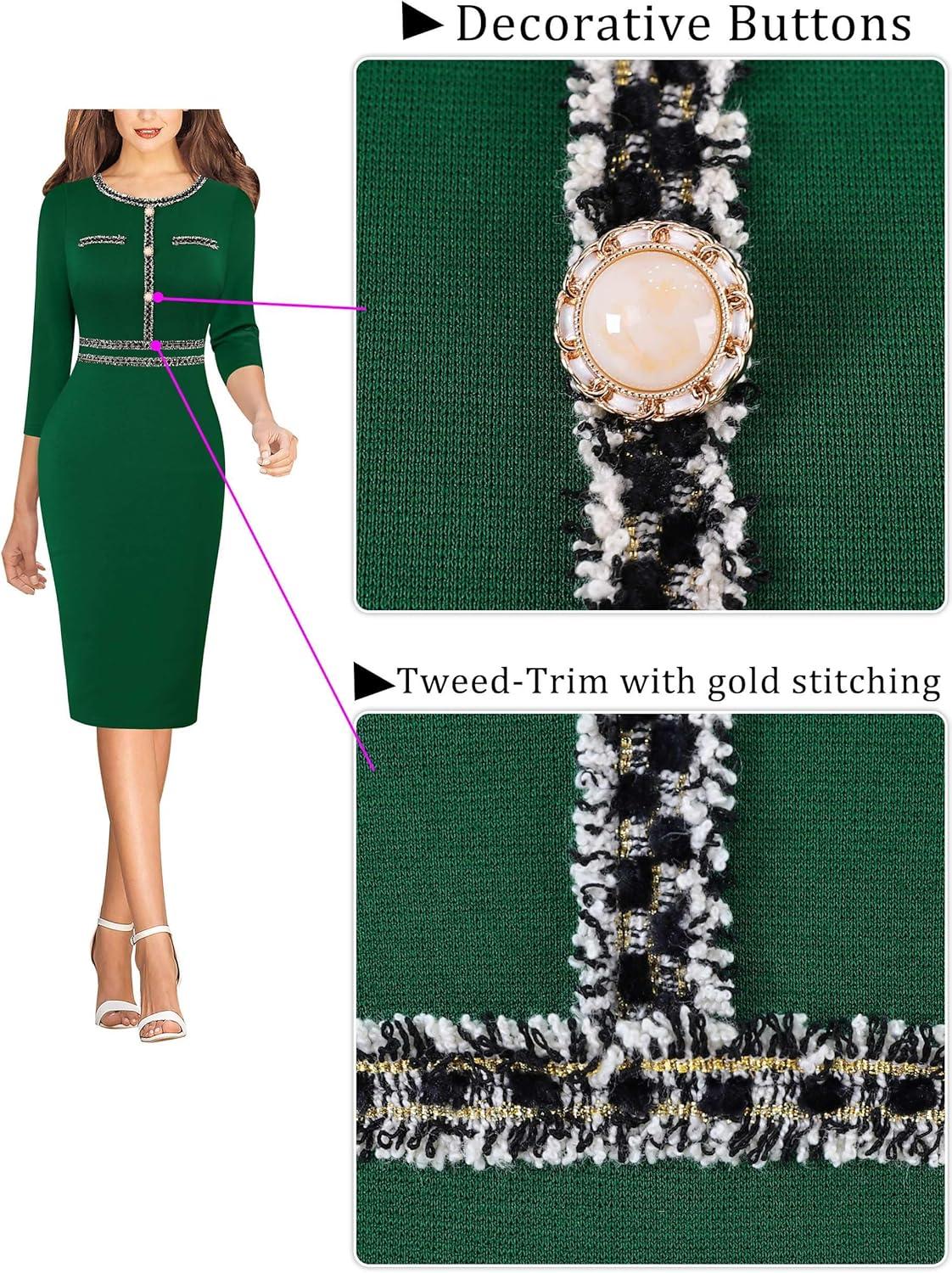 imageVFSHOW Womens Button Crew Neck Wear to Work Office Business Casual Church Party Slimming Fitted Bodycon Pencil Sheath DressGreen