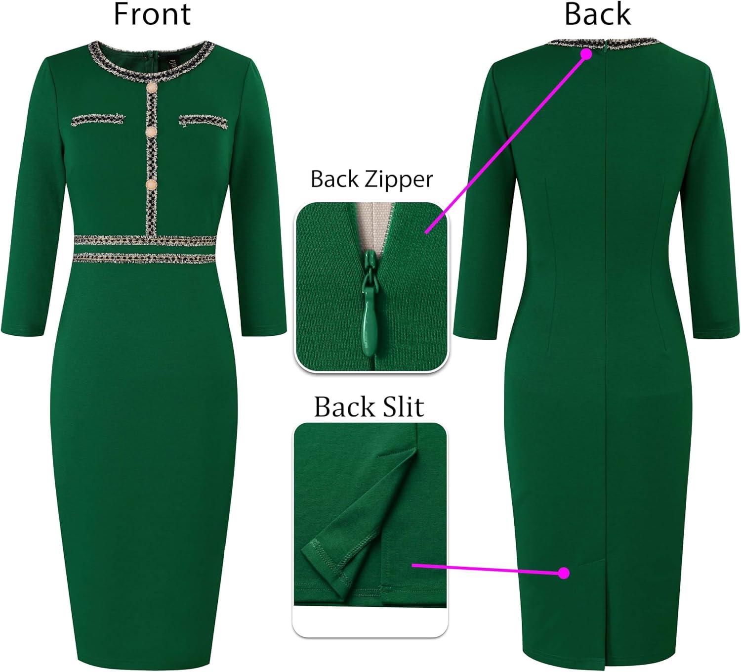 imageVFSHOW Womens Button Crew Neck Wear to Work Office Business Casual Church Party Slimming Fitted Bodycon Pencil Sheath DressGreen