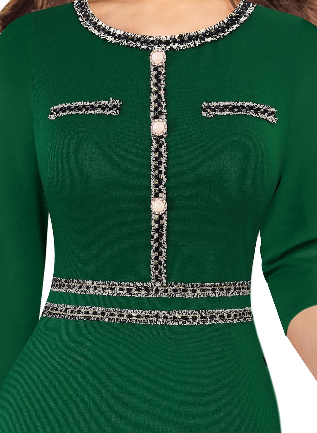 imageVFSHOW Womens Button Crew Neck Wear to Work Office Business Casual Church Party Slimming Fitted Bodycon Pencil Sheath DressGreen