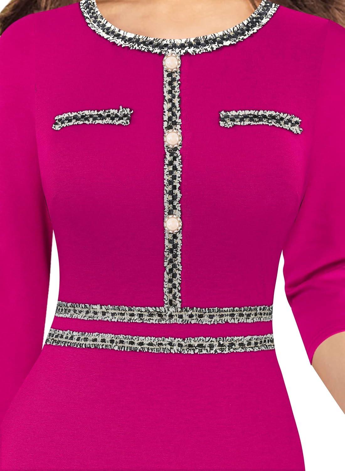 imageVFSHOW Womens Button Crew Neck Wear to Work Office Business Casual Church Party Slimming Fitted Bodycon Pencil Sheath DressHot Pink
