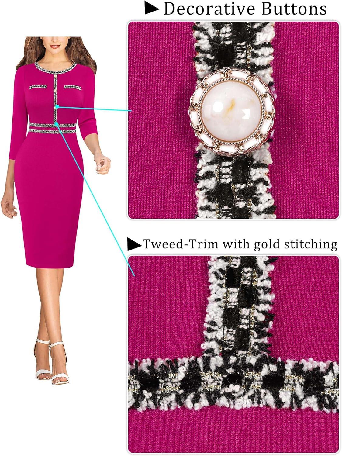imageVFSHOW Womens Button Crew Neck Wear to Work Office Business Casual Church Party Slimming Fitted Bodycon Pencil Sheath DressHot Pink