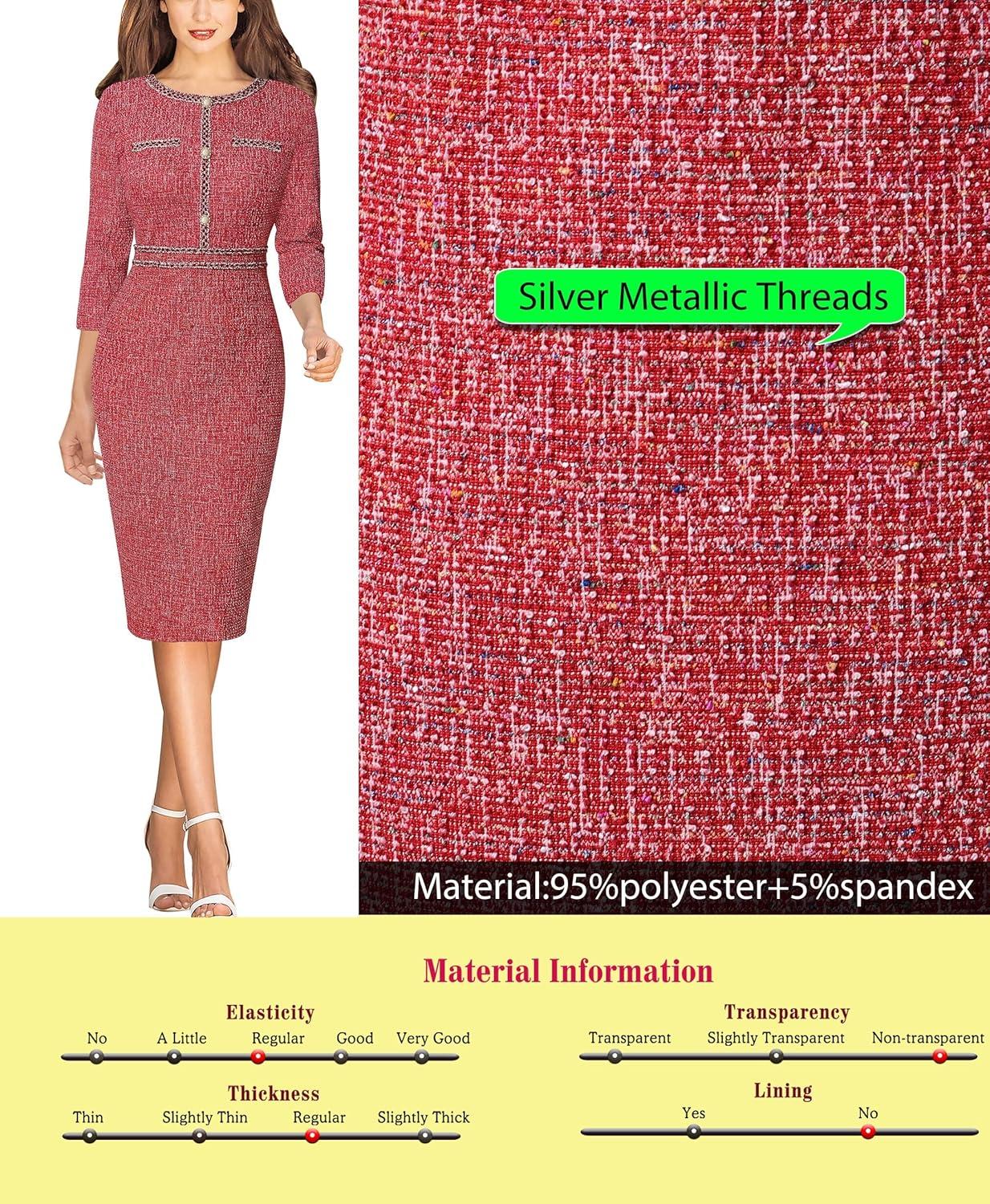 imageVFSHOW Womens Button Crew Neck Wear to Work Office Business Casual Church Party Slimming Fitted Bodycon Pencil Sheath DressRed Tweed