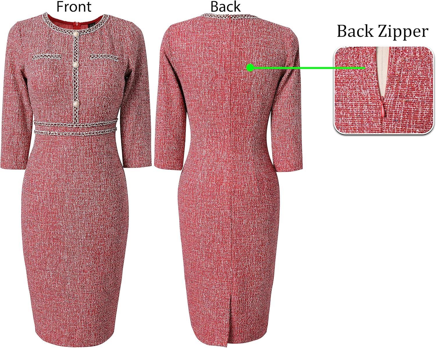 imageVFSHOW Womens Button Crew Neck Wear to Work Office Business Casual Church Party Slimming Fitted Bodycon Pencil Sheath DressRed Tweed