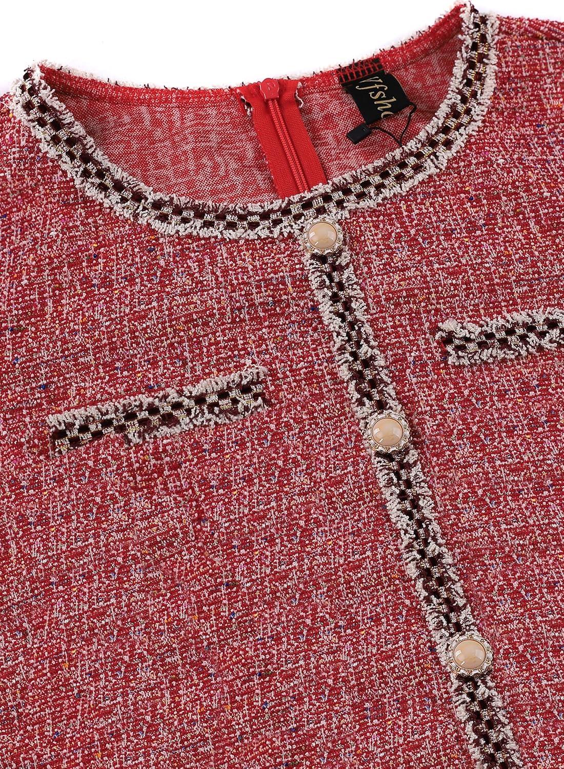 imageVFSHOW Womens Button Crew Neck Wear to Work Office Business Casual Church Party Slimming Fitted Bodycon Pencil Sheath DressRed Tweed