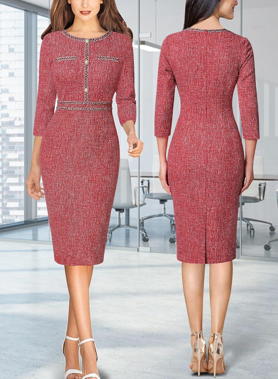 imageVFSHOW Womens Button Crew Neck Wear to Work Office Business Casual Church Party Slimming Fitted Bodycon Pencil Sheath DressRed Tweed