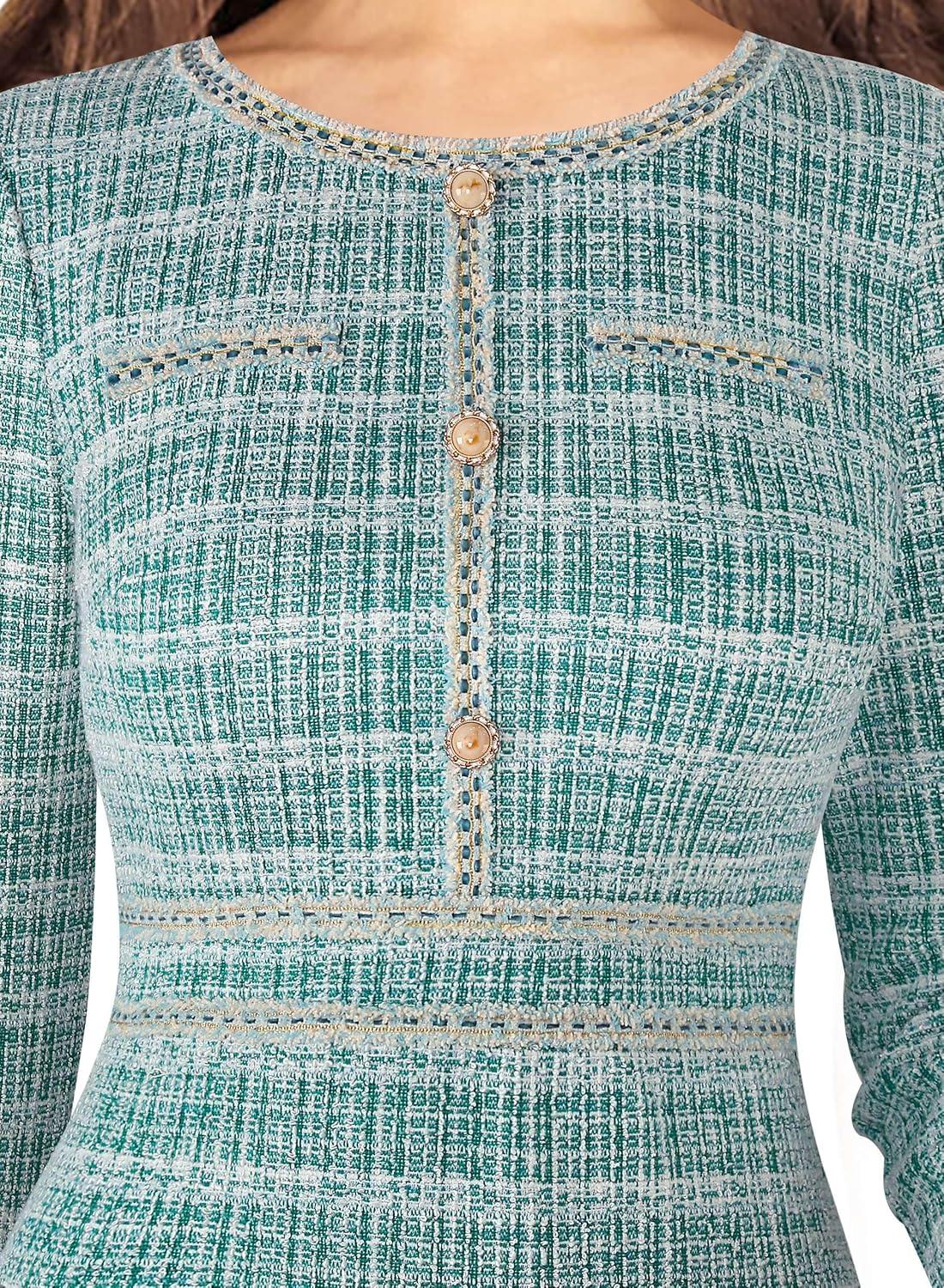 imageVFSHOW Womens Button Crew Neck Wear to Work Office Business Casual Church Party Slimming Fitted Bodycon Pencil Sheath DressTeal Green