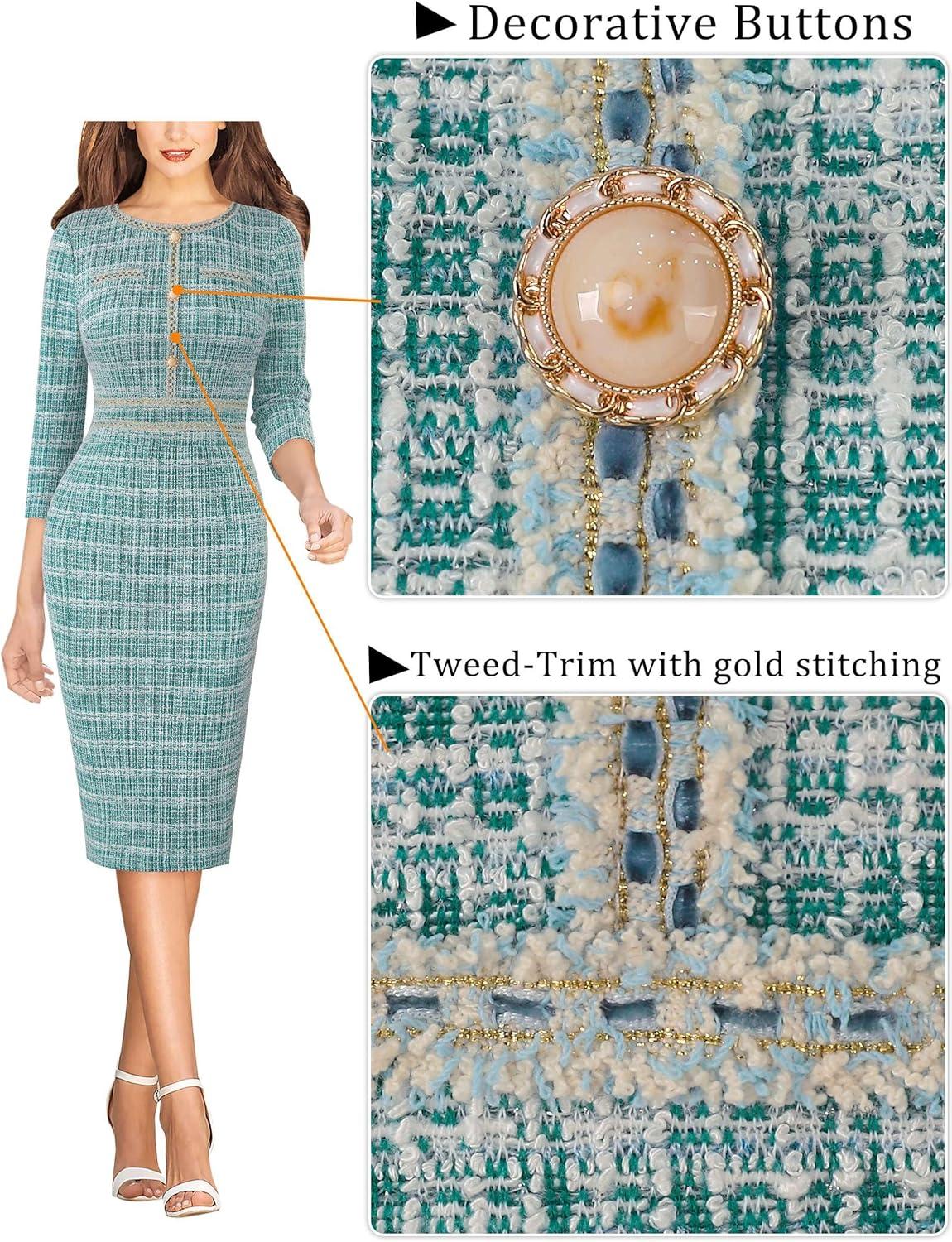 imageVFSHOW Womens Button Crew Neck Wear to Work Office Business Casual Church Party Slimming Fitted Bodycon Pencil Sheath DressTeal Green