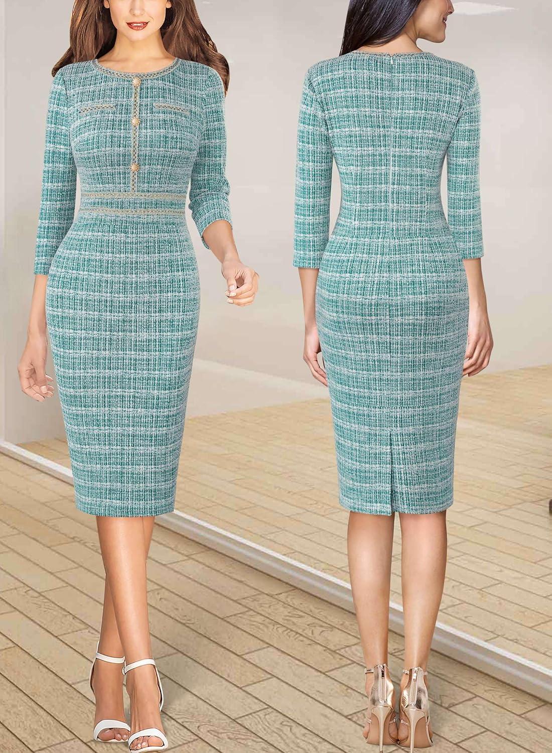 imageVFSHOW Womens Button Crew Neck Wear to Work Office Business Casual Church Party Slimming Fitted Bodycon Pencil Sheath DressTeal Green