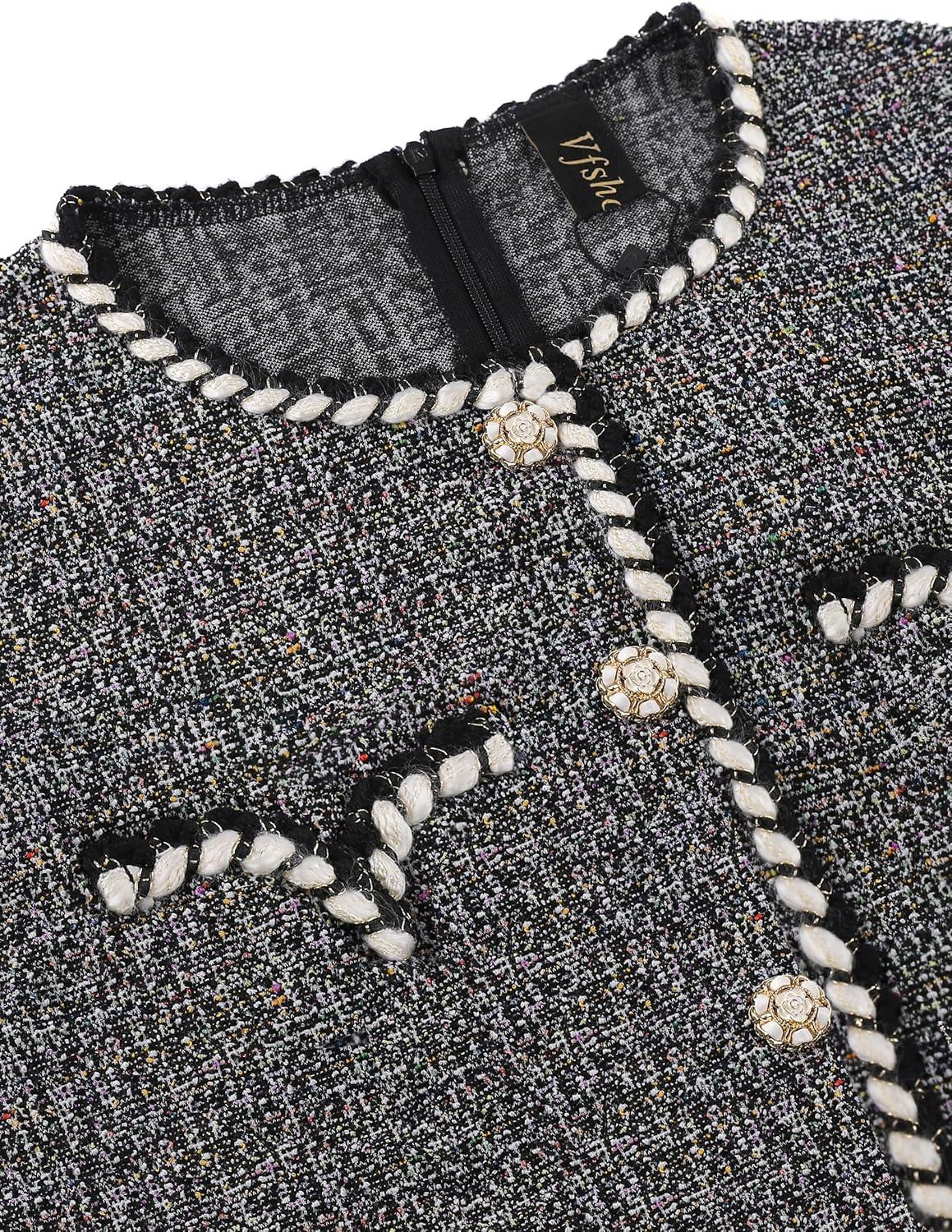 imageVFSHOW Womens Buttons Peplum Work Business Office Professional Patchwork Pencil Sheath DressBlack Tweed