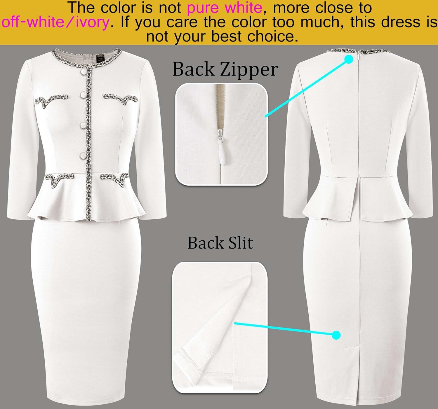 imageVFSHOW Womens Buttons Peplum Work Business Office Professional Patchwork Pencil Sheath DressOffwhite