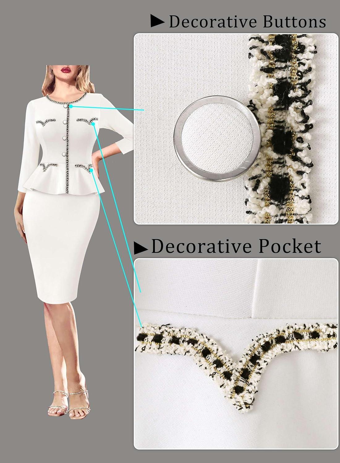 imageVFSHOW Womens Buttons Peplum Work Business Office Professional Patchwork Pencil Sheath DressOffwhite