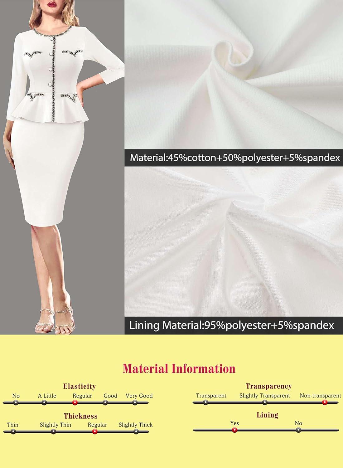imageVFSHOW Womens Buttons Peplum Work Business Office Professional Patchwork Pencil Sheath DressOffwhite