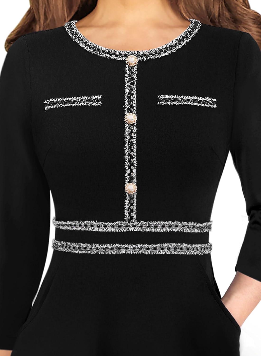 imageVFSHOW Womens Buttons Pockets Office Business ALine Dresses 34 Sleeves Work Crew Neck Tweed Trim Fit and Flare Swing DressBlack