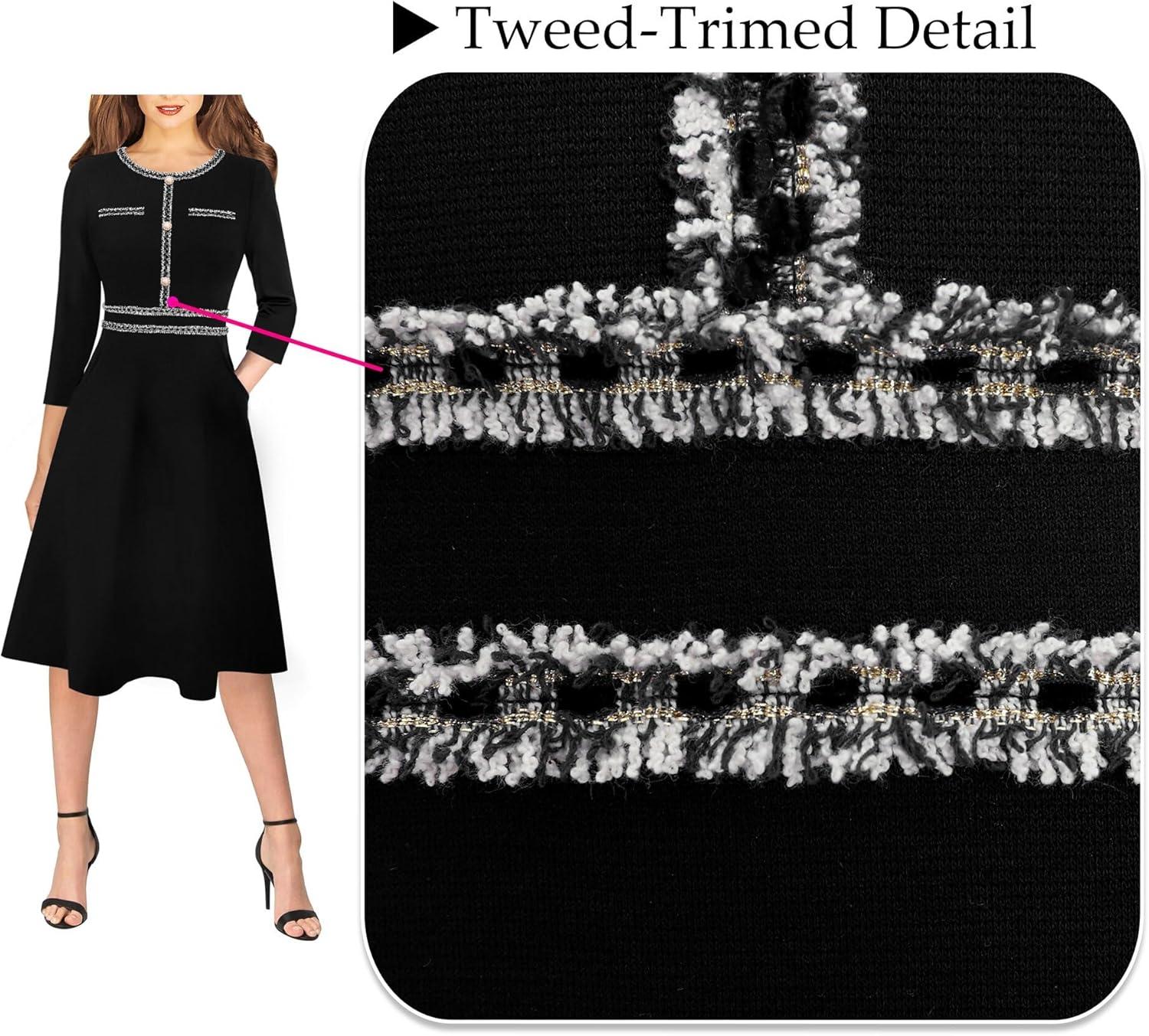 imageVFSHOW Womens Buttons Pockets Office Business ALine Dresses 34 Sleeves Work Crew Neck Tweed Trim Fit and Flare Swing DressBlack