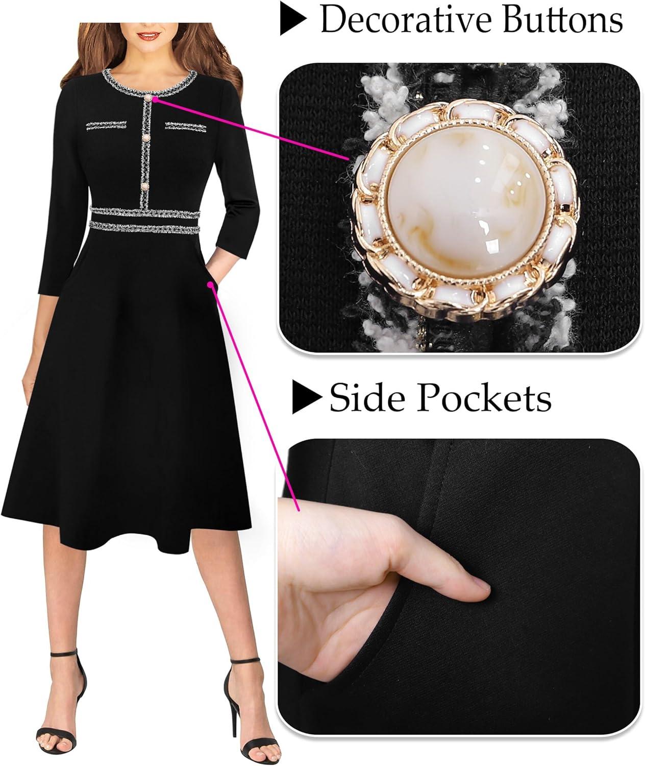 imageVFSHOW Womens Buttons Pockets Office Business ALine Dresses 34 Sleeves Work Crew Neck Tweed Trim Fit and Flare Swing DressBlack