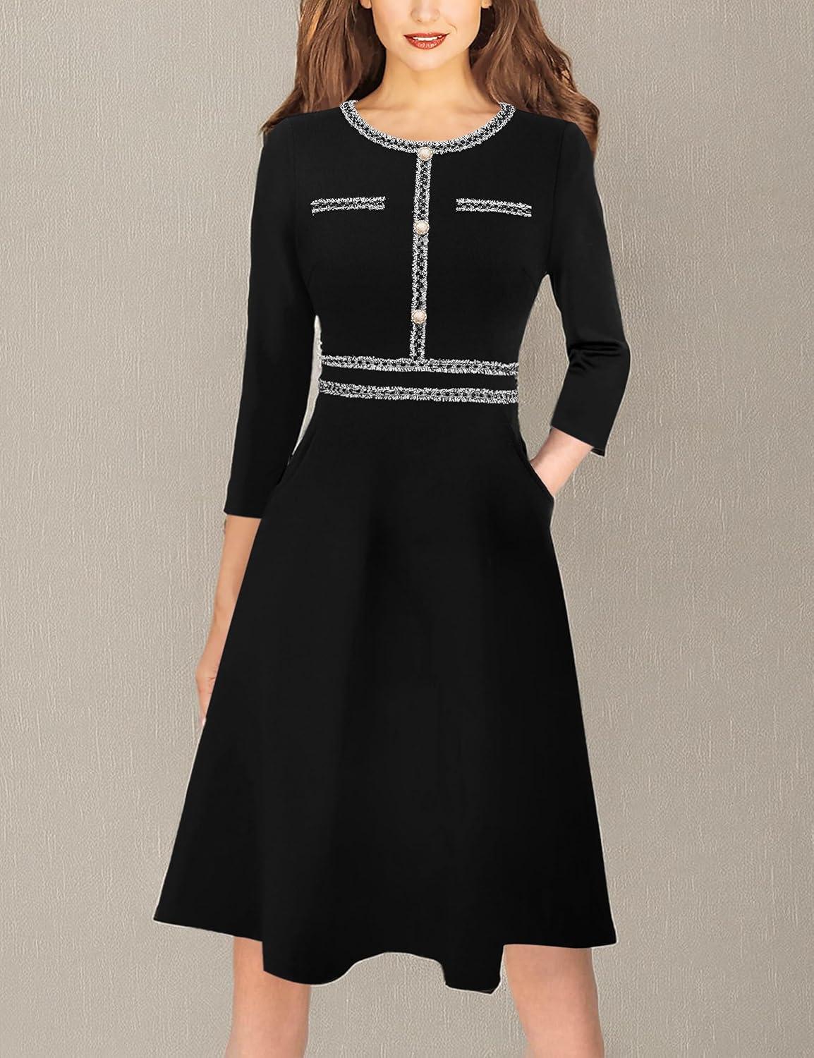 imageVFSHOW Womens Buttons Pockets Office Business ALine Dresses 34 Sleeves Work Crew Neck Tweed Trim Fit and Flare Swing DressBlack