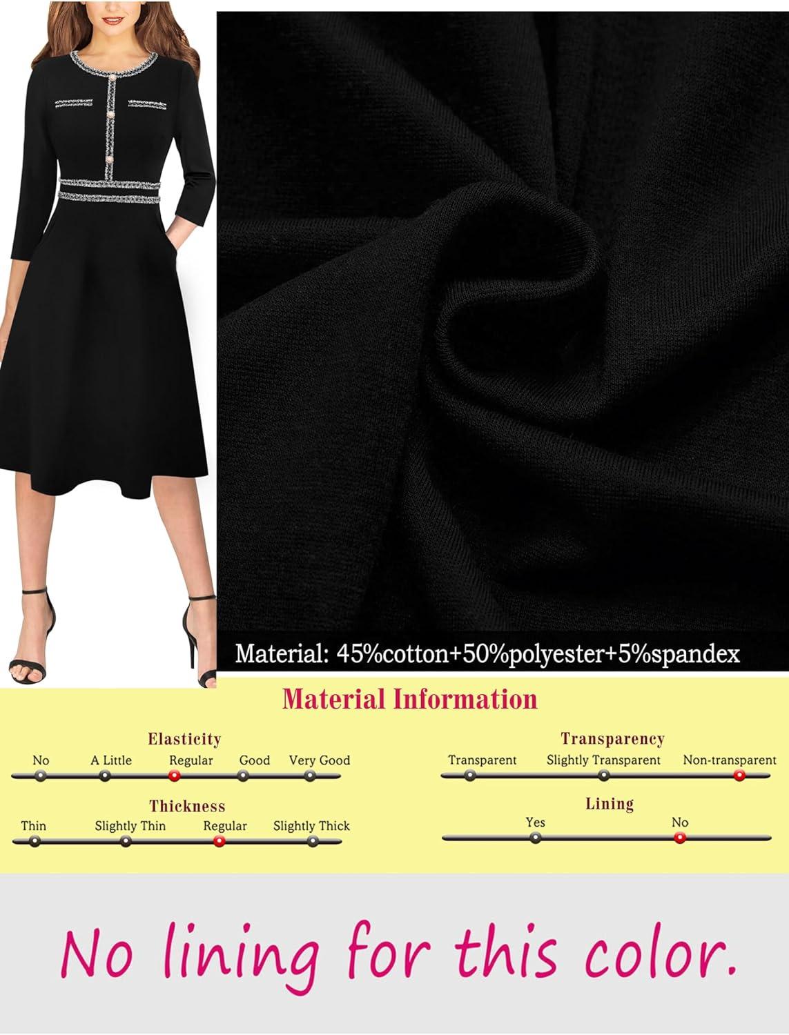 imageVFSHOW Womens Buttons Pockets Office Business ALine Dresses 34 Sleeves Work Crew Neck Tweed Trim Fit and Flare Swing DressBlack