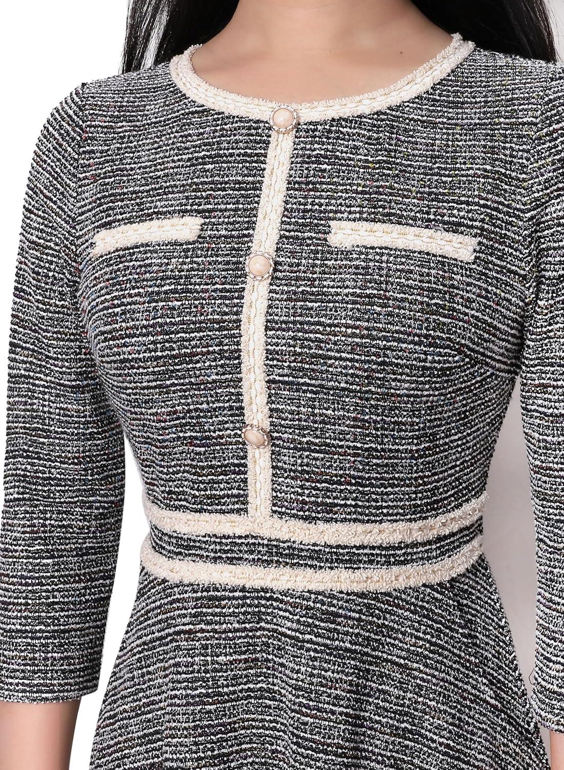 imageVFSHOW Womens Buttons Pockets Office Business ALine Dresses 34 Sleeves Work Crew Neck Tweed Trim Fit and Flare Swing DressBlack Tweed