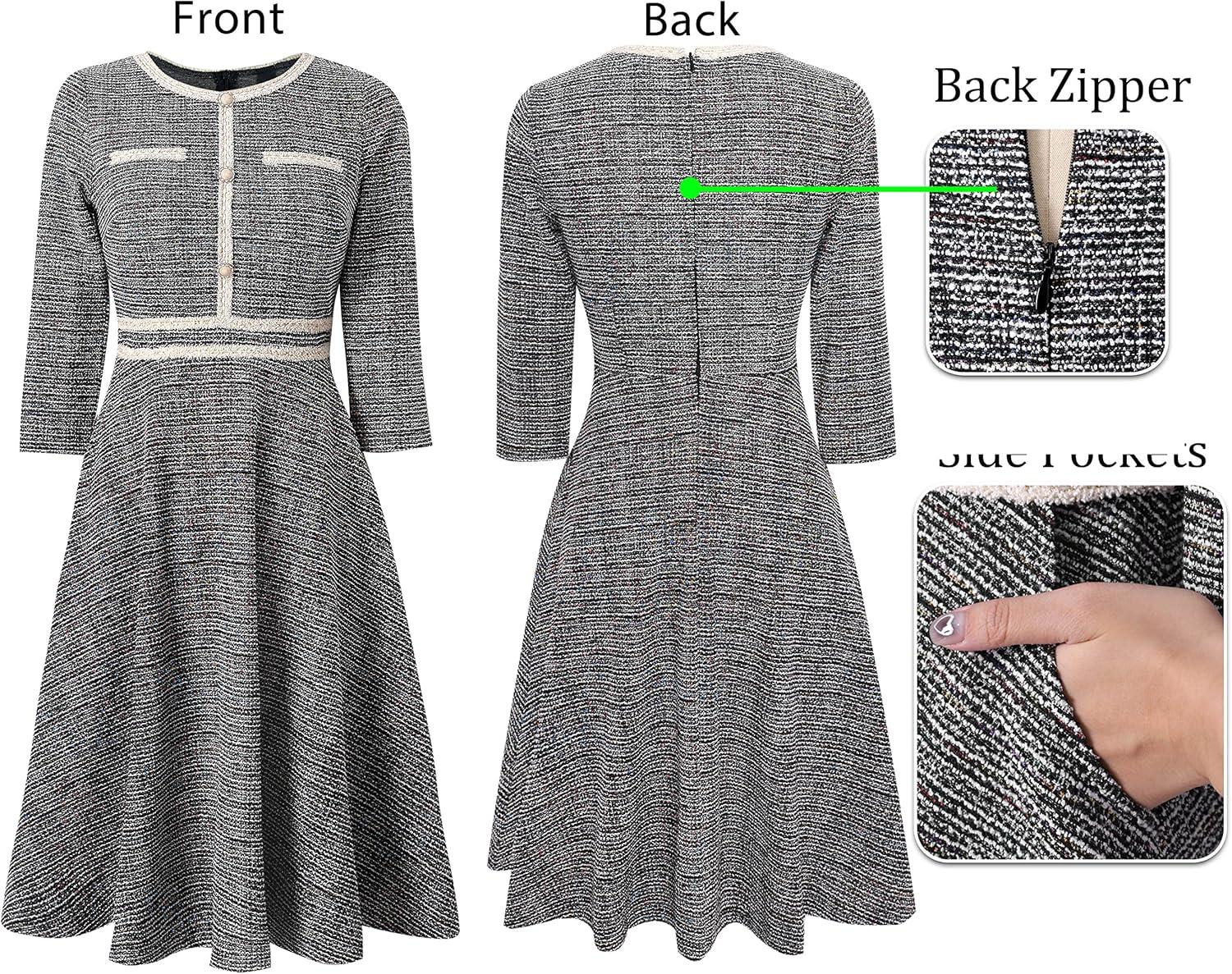 imageVFSHOW Womens Buttons Pockets Office Business ALine Dresses 34 Sleeves Work Crew Neck Tweed Trim Fit and Flare Swing DressBlack Tweed