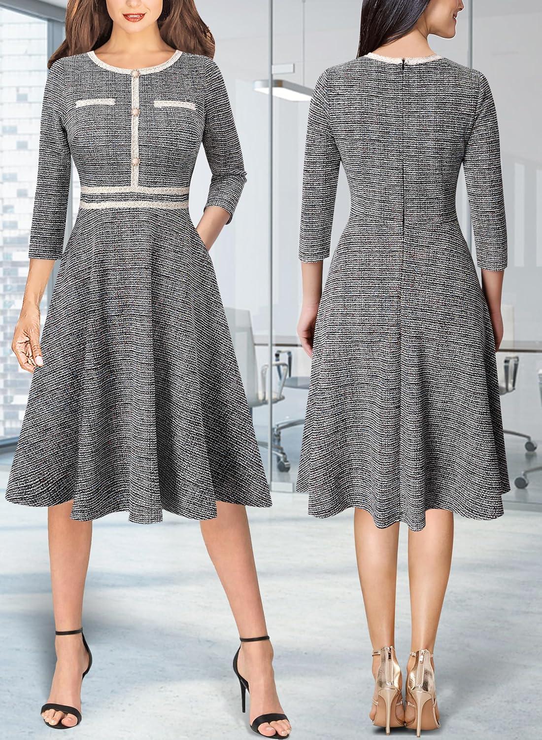 imageVFSHOW Womens Buttons Pockets Office Business ALine Dresses 34 Sleeves Work Crew Neck Tweed Trim Fit and Flare Swing DressBlack Tweed