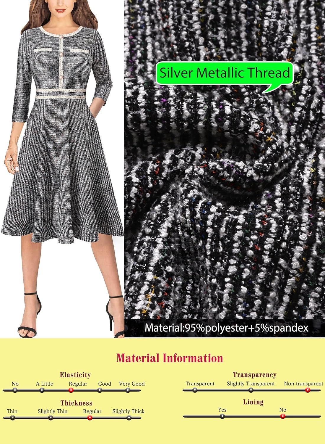 imageVFSHOW Womens Buttons Pockets Office Business ALine Dresses 34 Sleeves Work Crew Neck Tweed Trim Fit and Flare Swing DressBlack Tweed