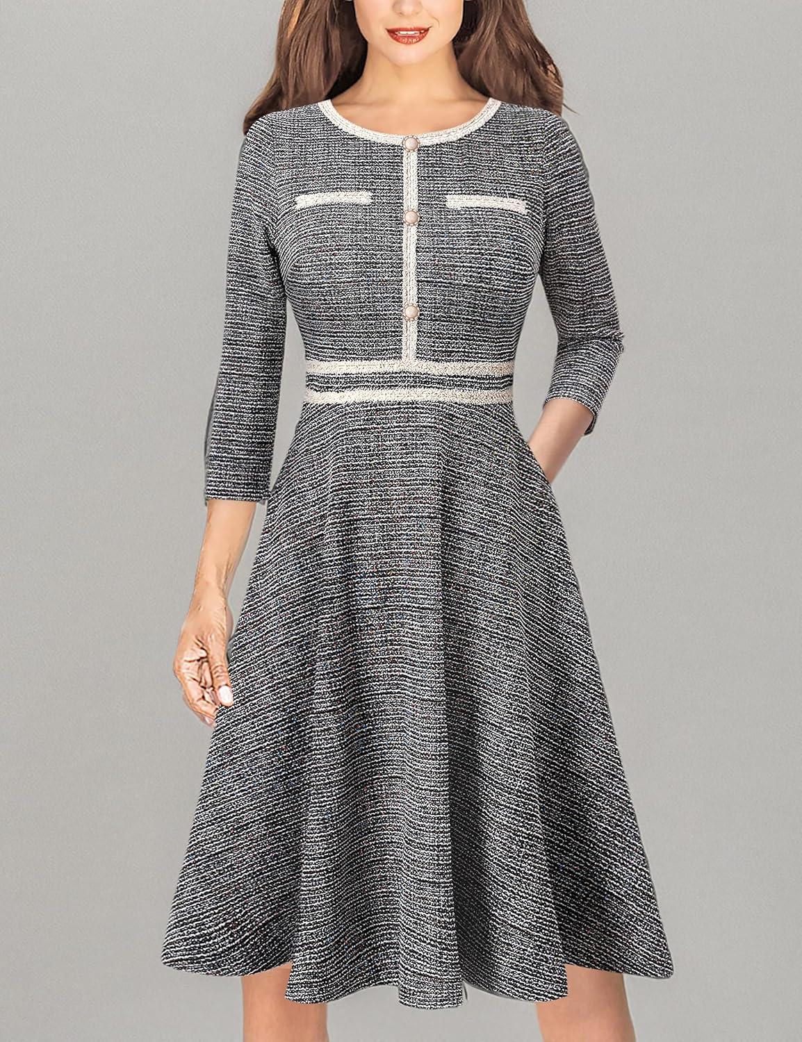 imageVFSHOW Womens Buttons Pockets Office Business ALine Dresses 34 Sleeves Work Crew Neck Tweed Trim Fit and Flare Swing DressBlack Tweed