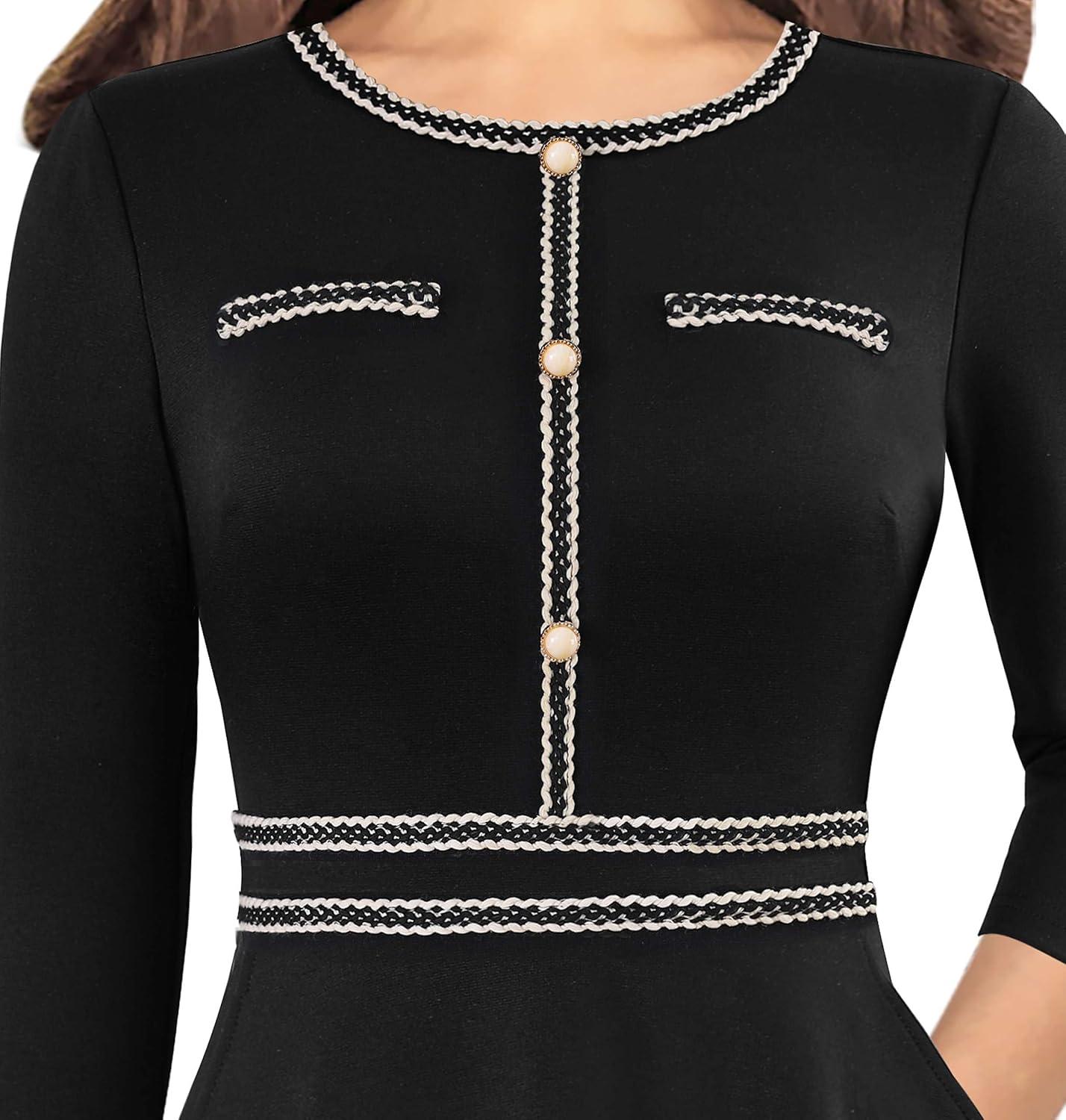 imageVFSHOW Womens Buttons Pockets Office Business ALine Dresses 34 Sleeves Work Crew Neck Tweed Trim Fit and Flare Swing DressBlackb