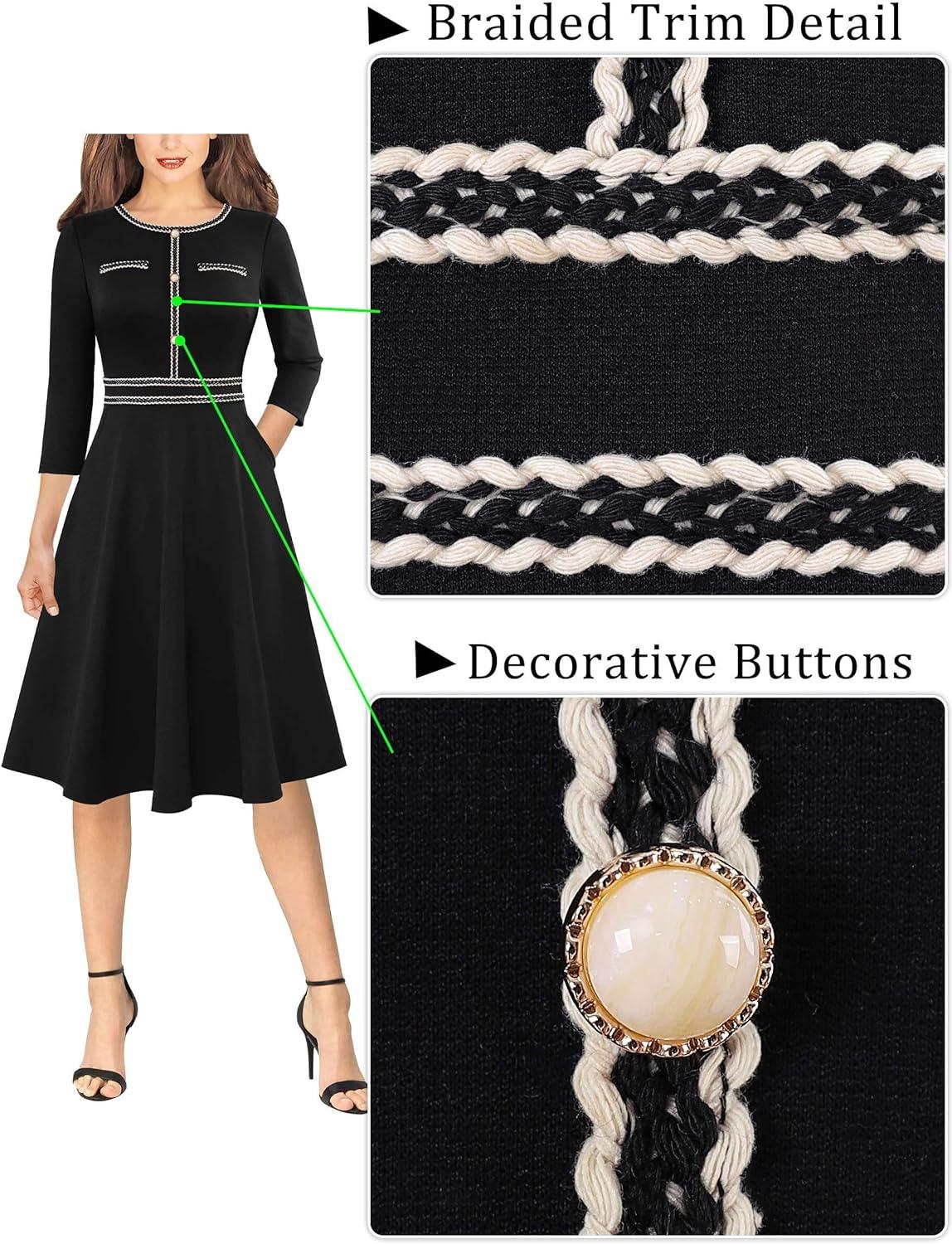 imageVFSHOW Womens Buttons Pockets Office Business ALine Dresses 34 Sleeves Work Crew Neck Tweed Trim Fit and Flare Swing DressBlackb