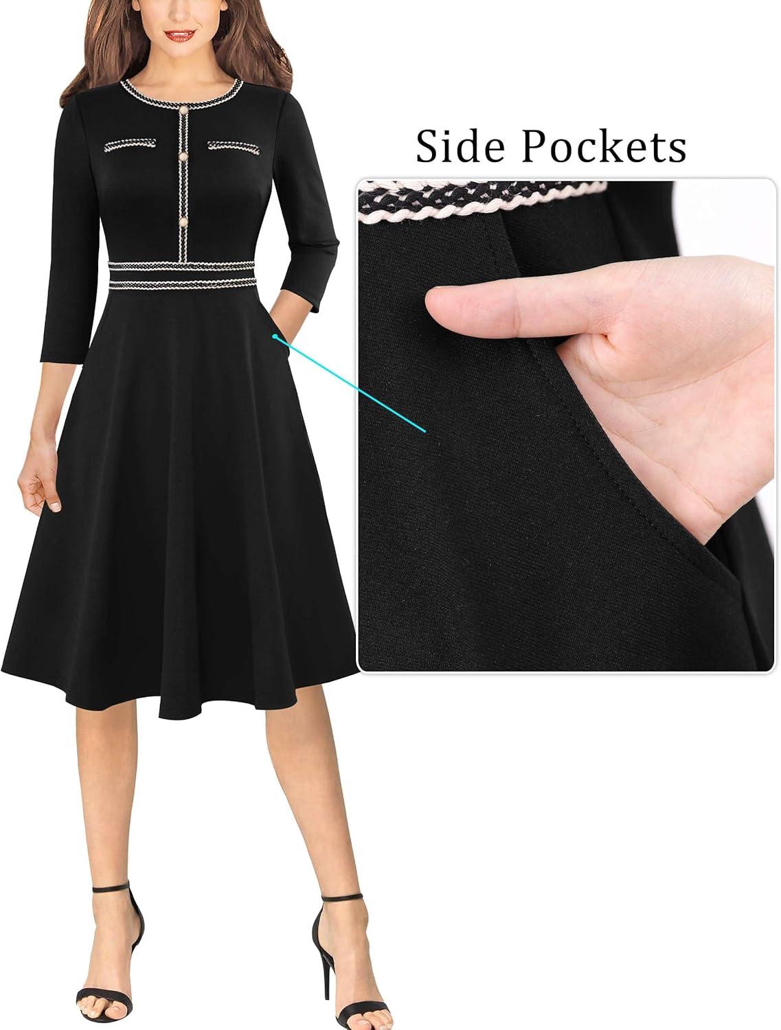 imageVFSHOW Womens Buttons Pockets Office Business ALine Dresses 34 Sleeves Work Crew Neck Tweed Trim Fit and Flare Swing DressBlackb