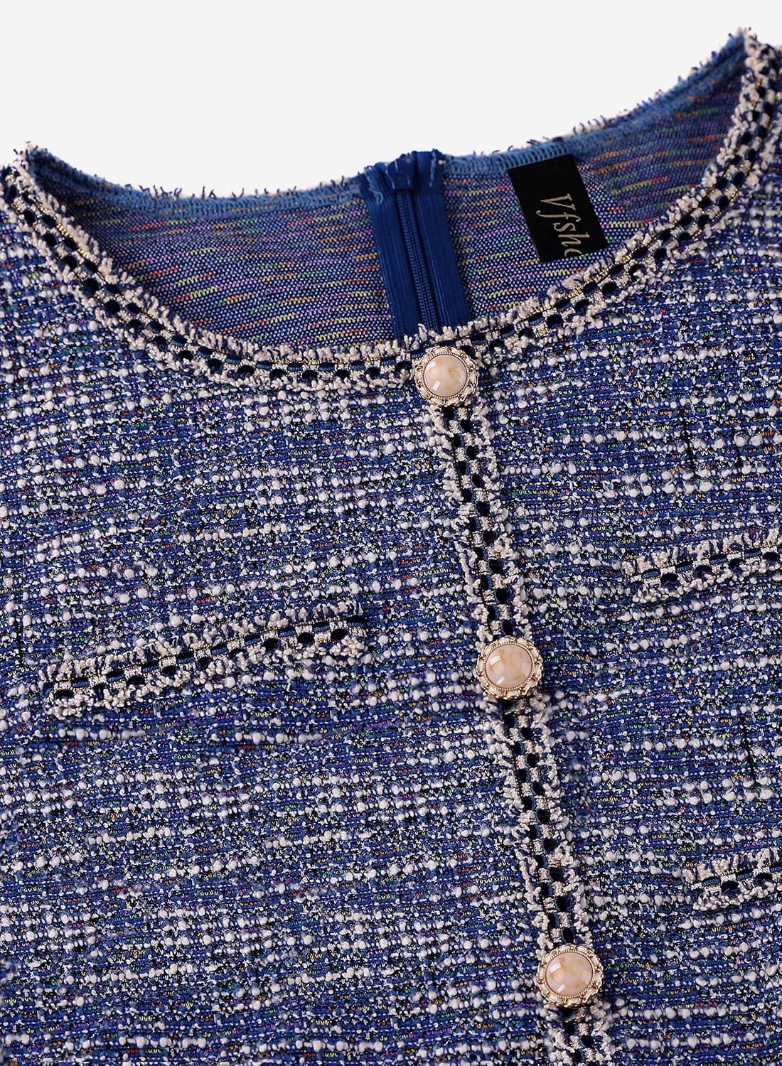 imageVFSHOW Womens Buttons Pockets Office Business ALine Dresses 34 Sleeves Work Crew Neck Tweed Trim Fit and Flare Swing DressBlue Tweed