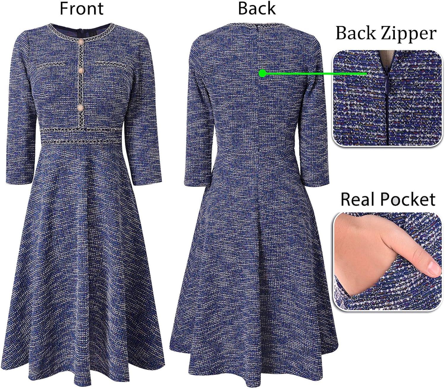 imageVFSHOW Womens Buttons Pockets Office Business ALine Dresses 34 Sleeves Work Crew Neck Tweed Trim Fit and Flare Swing DressBlue Tweed